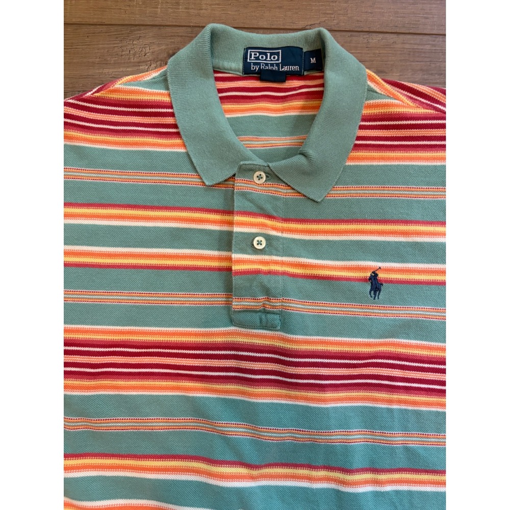 Polo Ralph Lauren Mens Medium Striped Short Sleeve Polo Shirt Green Orange Red